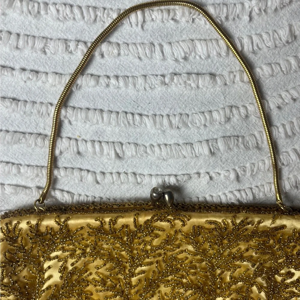Vintage Gold‎ Hand Beaded Satin Evening Bag Kiss Lock Clutch Hong Kong Made